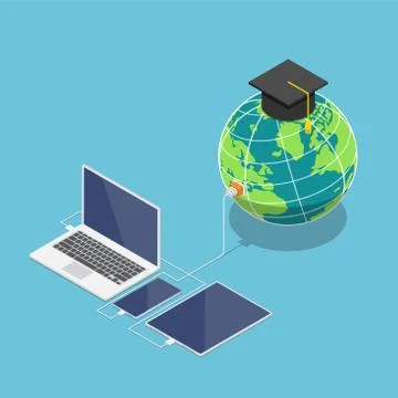 Isometric world with graduation cap connected to laptop smartphone and tablet Stock Illustration