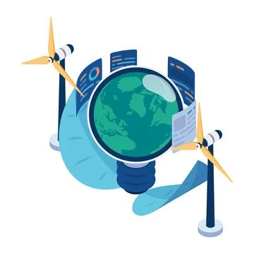Isometric World Inside Light Bulb Powered by Wind Turbines Stock Illustration