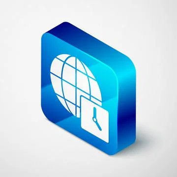 Isometric World time icon isolated on grey background. Clock and globe. Blue Stock Illustration