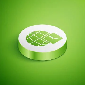Isometric World time icon isolated on green background. Clock and globe. White Illustrazione stock