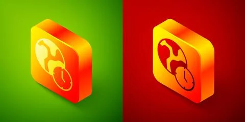 Isometric World time icon isolated on green and red background. Square butt.. Stock Illustration