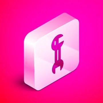 Isometric Wrench spanner icon isolated on pink background. Silver square button Stock Illustration