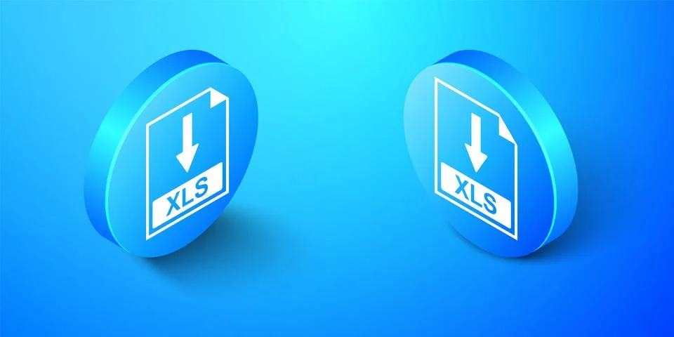 Isometric XLS file document icon. Download XLS button icon isolated on blue Stock Illustration