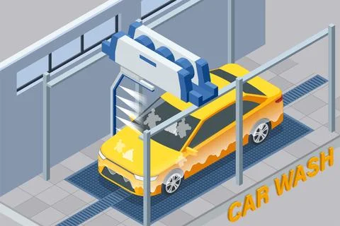 Isometric yellow car is inside an automatic car wash tunnel. Large rotating Stock Illustration