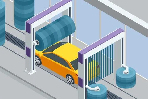 Isometric yellow car is inside an automatic car wash tunnel. Large rotating Stock Illustration
