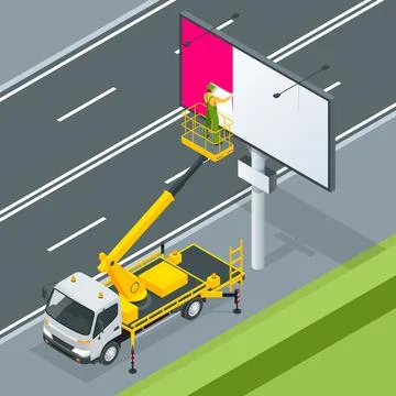 Isometric Yellow Engine Powered Scissor Lift. Worker with the help of an Illustrazione stock