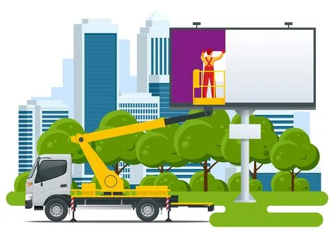 Isometric Yellow Engine Powered Scissor Lift. Worker with the help of an Stock Illustration