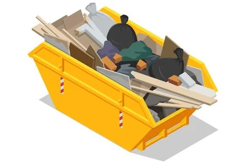 Isometric yellow skip dumpster filled with construction debris and trash Illustrazione stock