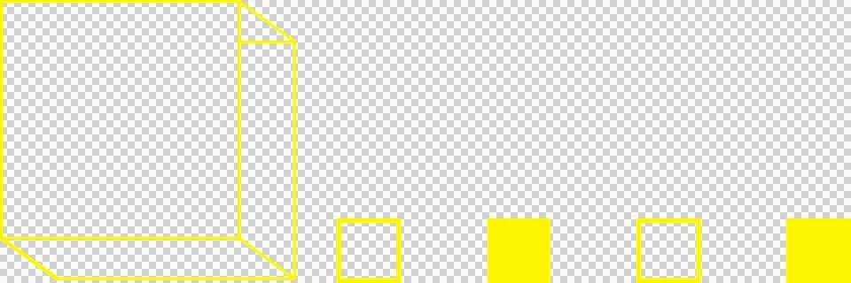 Isometric yellow wireframe cube and outlined and filled squares are floating on Stock Illustration