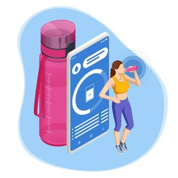 Isometric young female drinking a bottle of water. Sport water bottle. Active Stock Illustration