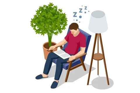 Isometric young man fell asleep reading a book. A man is sleeping and holding a Stock Illustration