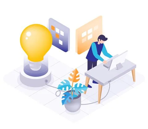 Isometric of young man working on computer vector illustration Stock Illustration