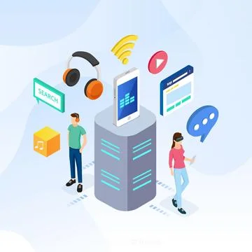Isometric young people using technological devices background Stock Illustration