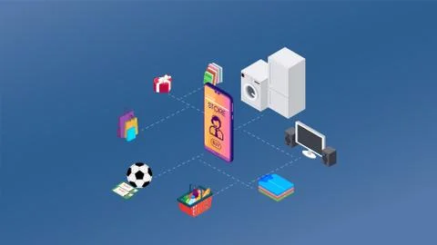 Isometrics. Eight different things around the smartphone. Stock Illustration