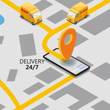Isometry express cargo delivery route navigation map of the city, smartphone Stock Illustration