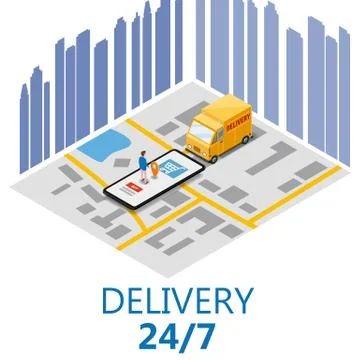 Isometry express cargo delivery route navigation map of the city, buyer Stock Illustration