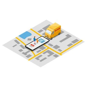 Isometry express cargo delivery route navigation map of the city, buyer イラスト素材