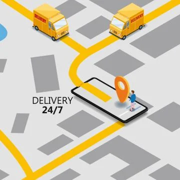 Isometry express cargo delivery route navigation map of the city, smartphone 스톡 일러스트
