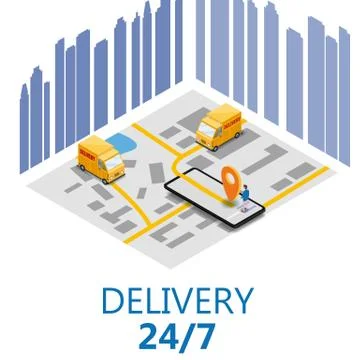 Isometry express cargo delivery route navigation map of the city, smartphone 스톡 일러스트