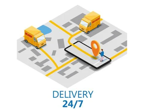 Isometry express cargo delivery route navigation map of the city, smartphone 库存插图