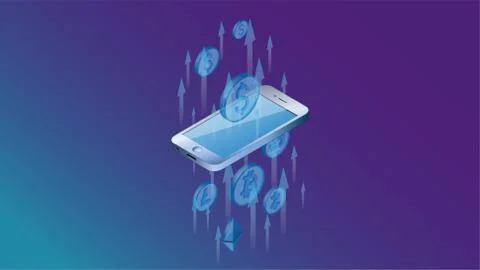 Isometry. A smartphone through which cash flows pass.Cryptocurrency mining Stock Illustration