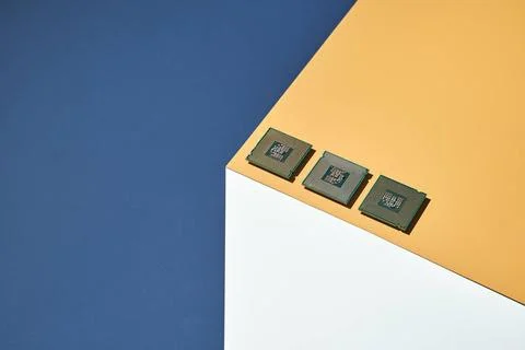 Isometry trendy cube concept. Computer cpu module. Yellow and blue. Retail... Stock-Fotos