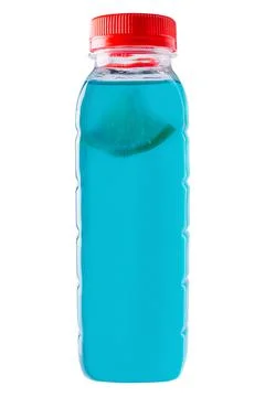 Isotonic energy drink, bottle with blue transparent liquid Stock Photos