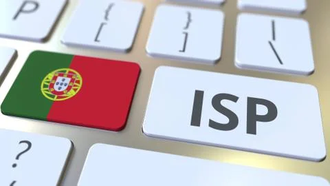 ISP or Internet Service Provider text and flag of Portugal on the computer Stock Illustration