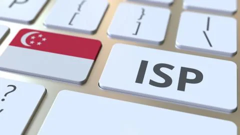 ISP or Internet Service Provider text and flag of Singapore on the computer Stock Illustration