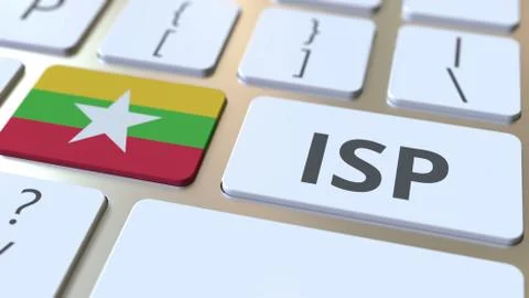 ISP or Internet Service Provider text and flag of Myanmar on the computer Stock Illustration