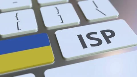 ISP or Internet Service Provider text and flag of Ukraine on the computer Stock Illustration