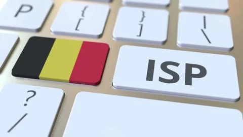 ISP or Internet Service Provider text and flag of Belgium on the computer Stock Illustration