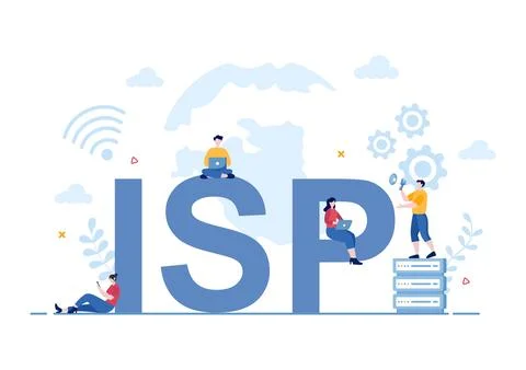 ISP or Internet Service Provider Cartoon Illustration with Keywords and Icons 스톡 일러스트