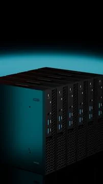 ISP server block with glowing blue spotlight isolated on black Illustrazione stock