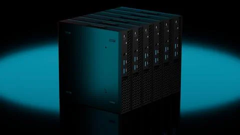 ISP server cluster illuminated with blue spotlight on black Stock Illustration