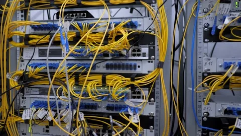 Isp server. Optical cords, cables. Web server racks. Data security Stock Footage 201080922