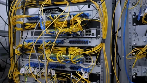 Isp server. Optical cords, cables. Web server racks. Data security Stock Footage 201081240