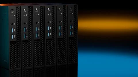 ISP server racks illuminated with blue and orange glow on black Stock Illustration