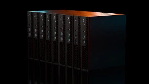ISP server row with orange reflection isolated on black background Stock Illustration