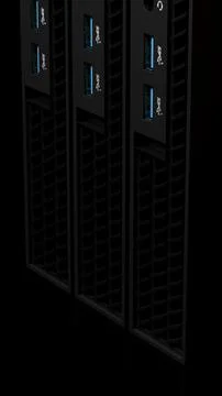ISP server towers closeup detail with glowing lights isolated on black Stock Illustration