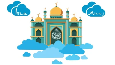 Isra Mi'raj text animation with animated mosque Stock Footage 149032941