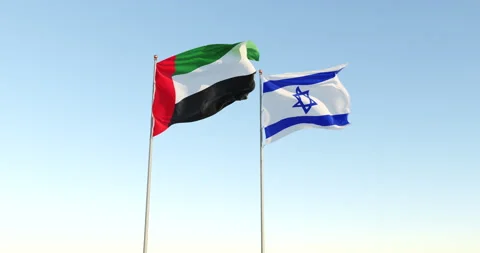 Israel and UAE flags waving together in the sky Stock Footage 148754467