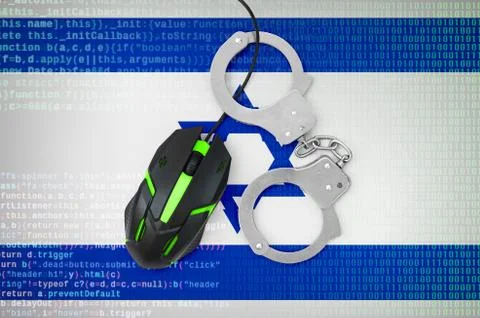 Israel flag  and handcuffed computer mouse. Combating computer crime, hackers Stock-Fotos