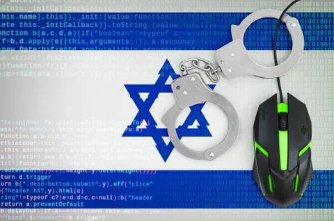 Israel flag  and handcuffed computer mouse. Combating computer crime, hackers Stock-Fotos