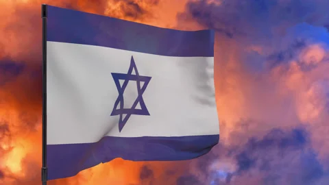 Israel flag on pole with sky background seamless loop 3d animation Stock Footage 149384230
