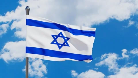 Israel flags with a star of David over cloudy sky background. Stock Footage 274369265