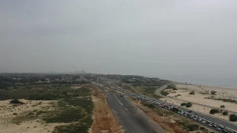 Israel Highway 2 trafic jam near Yanai interchange. APR2021 Aerial shot Stock Footage 154307182