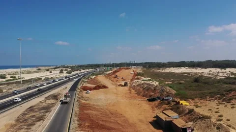 Israel Highway 2 Under construction adding a lane -SEP 2020-Aerial Shot Video stock 140356320