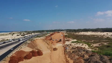 Israel Highway 2 Under construction adding a lane -SEP 2020-Aerial Shot Stock Footage 140361238
