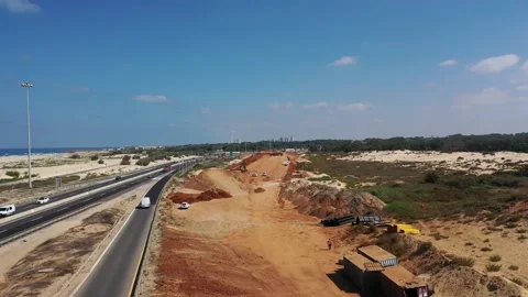 Israel Highway 2 Under construction adding a lane -SEP 2020-Aerial Shot Stock Footage 140372099
